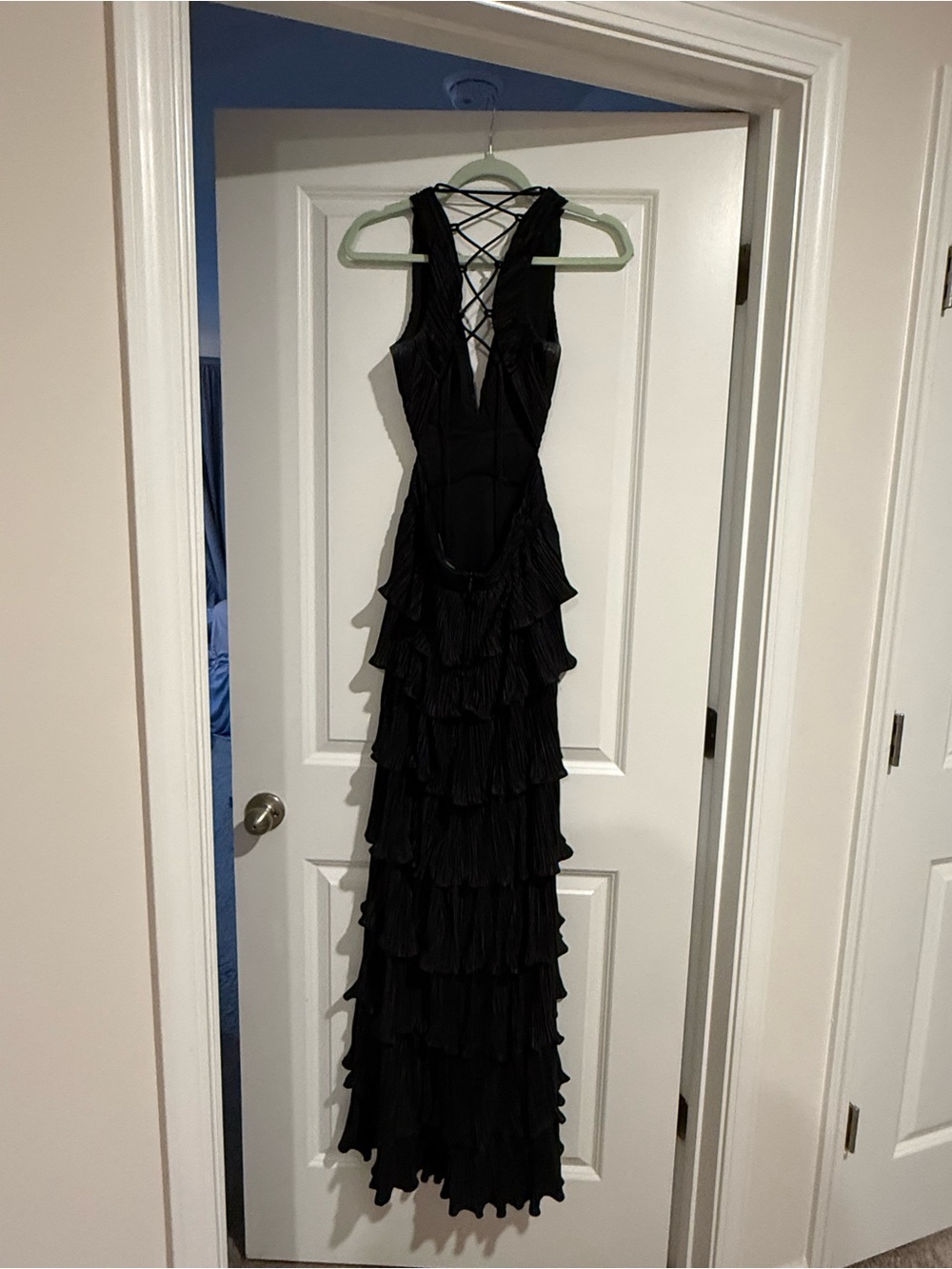 Lulu's Black Backless Ruffle Maxi Dress with Lace-Up Detail